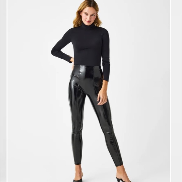 SPANX NWT Faux Patent Leather Leggings Black size small petite - Picture 2 of 9